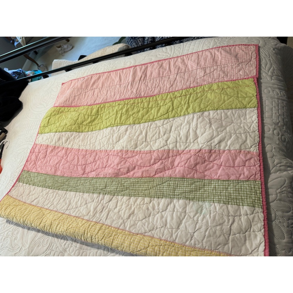 Pottery Barn Kids Quilt Blanket Pink Green Yellow Gingham Striped 34x48 Throw - Picture 2 of 6
